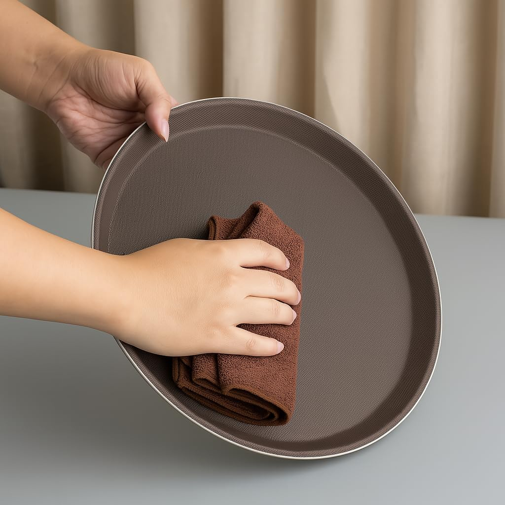 B&S Non-Slip Round Serving Tray 2pcs– 28cm Fiberglass, Durable Anti-Slip Surface, Brown – Ideal for Cafes, Restaurants, and Home Use (35CM)