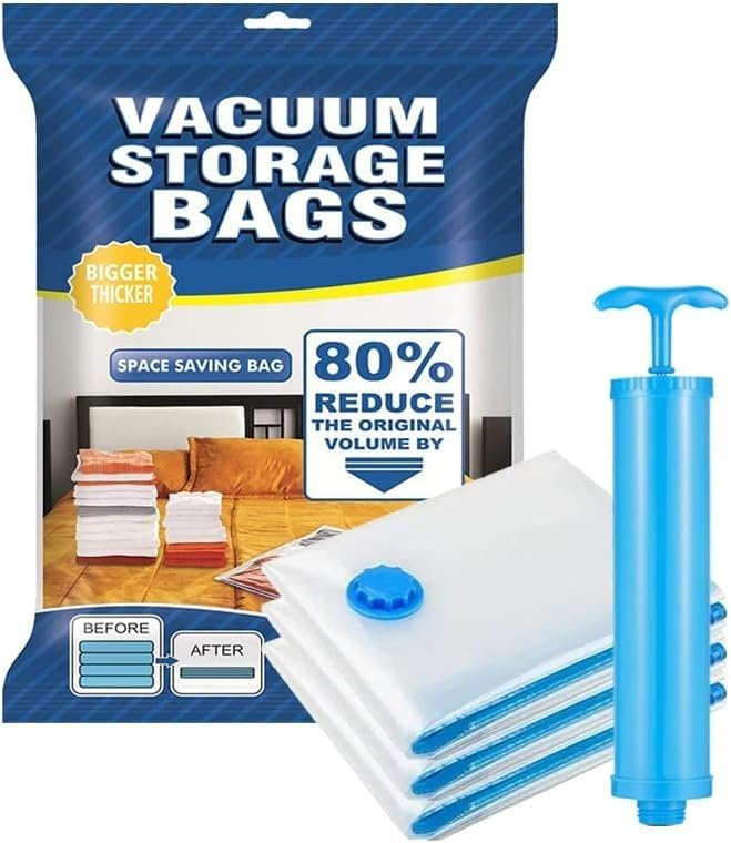 B&S Vacuum Storage Bag Set – 5pcs with Hand Pump, Reusable Space Saver Bags for Clothes, Duvets & Travel (8-PCS)