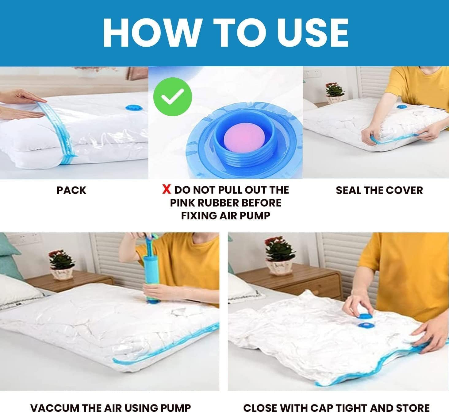 B&S Vacuum Storage Bag Set – 5pcs with Hand Pump, Reusable Space Saver Bags for Clothes, Duvets & Travel (8-PCS) - Image 3