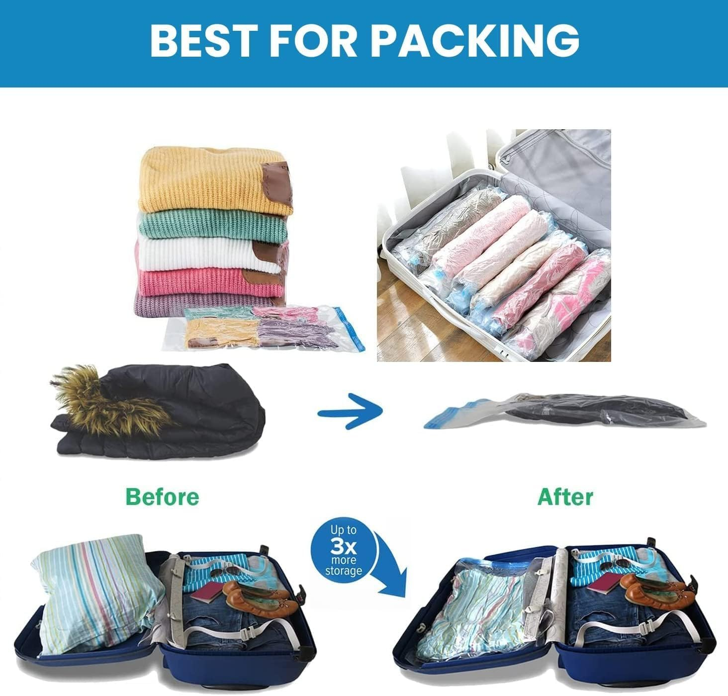 B&S Vacuum Storage Bag Set – 5pcs with Hand Pump, Reusable Space Saver Bags for Clothes, Duvets & Travel (8-PCS) - Image 5