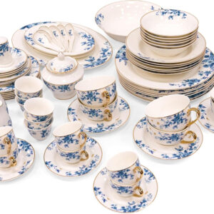 B&S Porcelain Round Dinnerware Set | 71PCS Premium Ceramic Tableware | Dish Set with Floral Design | Vintage Porcelain Tea & Coffee Set | Microwave & Dishwasher Safe Plates and Bowls (Blue)