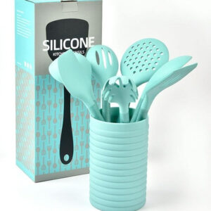 7PCS Cooking Utensils Set with Holder, Silicone Kitchen Cookware Utensils Set, Heat Resistant Cooking Gadget Tools Kitchen Utensil Set Silicone Cooking Tools Kit Non-Stick Cookware (Cyan)