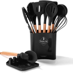13-Piece Silicone Cooking Utensils Set Heat-Resistant,Non-Stick Kitchen Tools with Ergonomic Wooden Handles,Includes Spatulas,Turner,Ladle,Tongs,Whisk & More BPA-Free & Dishwasher Safe (Black)